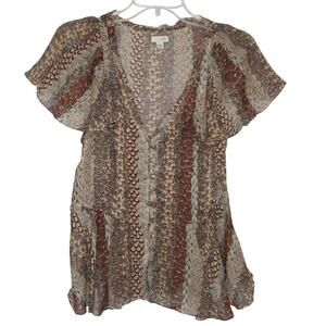 ANTHROPOLOGIE Odille Top Size 4 Silk Feather Print Peplum V Neck Brown Office